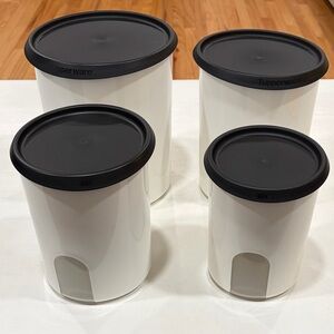 Tupperware One Touch Reminder White and Black Canister Set w/Black Lids